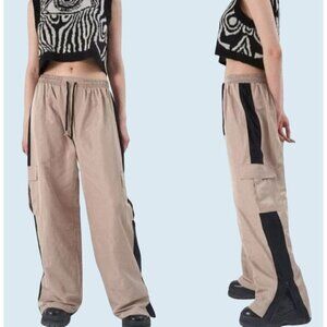 RAGGED PRIEST Nylon Oversized Cargo Track Pants Tan Black Sz 10